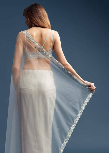 Grey Net Saree With Sequin And Bead Embroidery