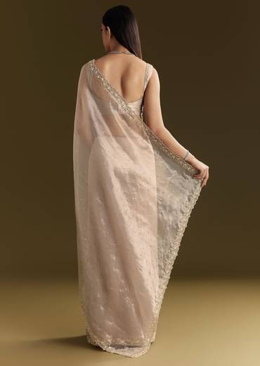 Grey Organza Embroidered Saree With Scallop Border