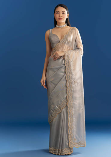 Grey Organza Tissue Saree With Embellished Scallop Border