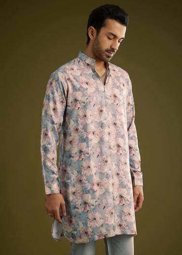 Grey Pashmina Silk Kurta Set With Floral Print
