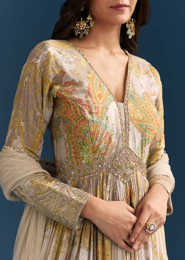 Grey Printed Chinon Anarkali Suit With Zari Work