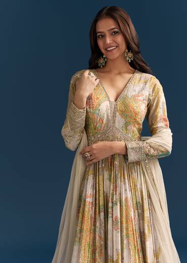 Grey Printed Chinon Anarkali Suit With Zari Work