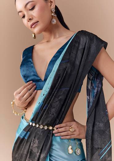 Grey Shaded Printed Satin Saree with Blouse Fabric