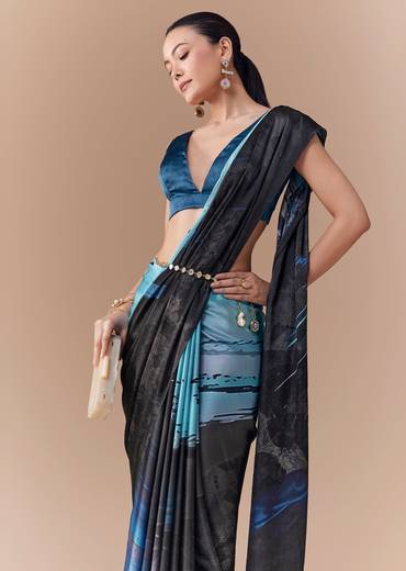 Grey Shaded Printed Satin Saree with Blouse Fabric