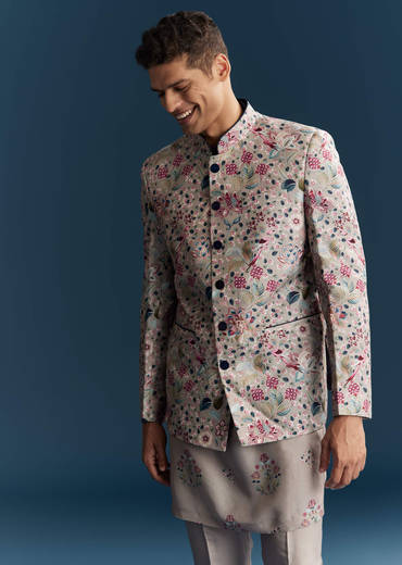 Grey Silk Kurta Jacket Set For Men With Floral Print And Sequins