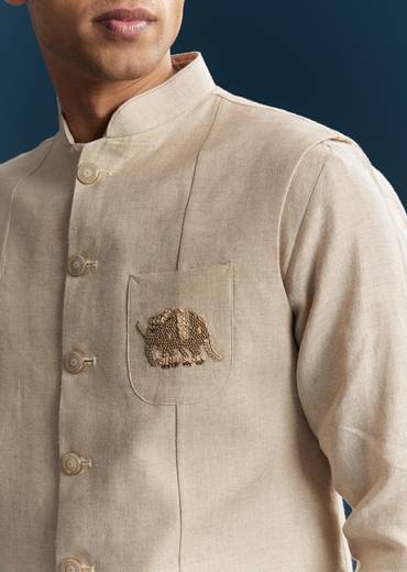 Grey Silk Kurta Jacket Set With Minimal Thread Detail