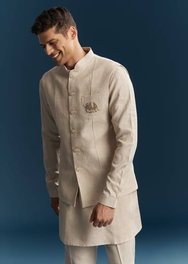 Grey Silk Kurta Jacket Set With Minimal Thread Detail