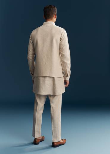 Grey Silk Kurta Jacket Set With Minimal Thread Detail