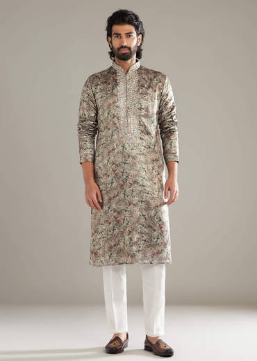 Grey Silk Kurta Set For Men With Hand Embroidery And Floral Print