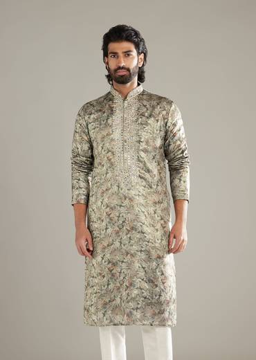 Grey Silk Kurta Set For Men With Hand Embroidery And Floral Print