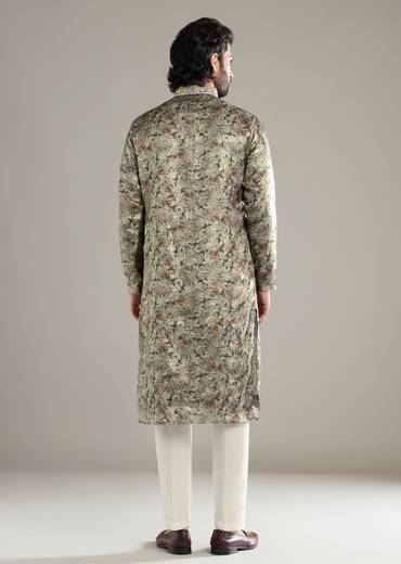 Grey Silk Kurta Set For Men With Hand Embroidery And Floral Print