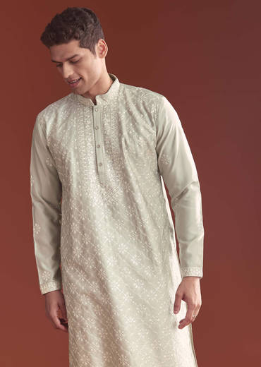 Grey Silk Kurta Set For Men With Resham Embroidery