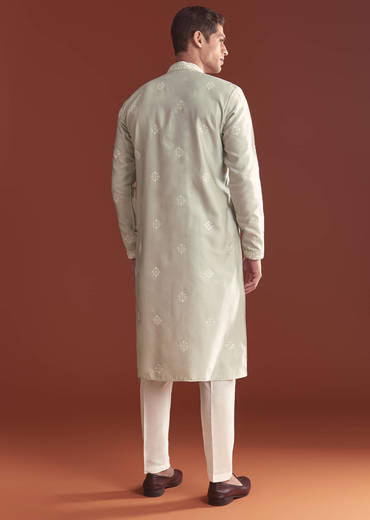 Grey Silk Kurta Set For Men With Resham Embroidery