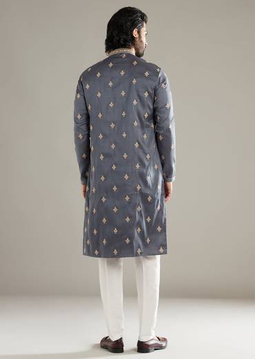 Grey Silk Kurta Set For Men With Resham Hand Embroidery