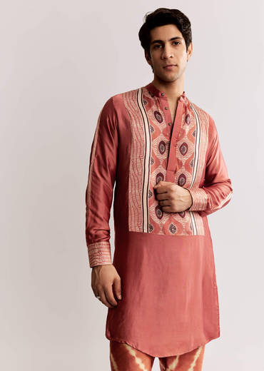 Rust Silk Kurta Set With Handcrafted Ajrakh Print