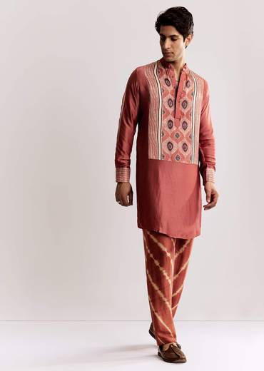 Rust Silk Kurta Set With Handcrafted Ajrakh Print