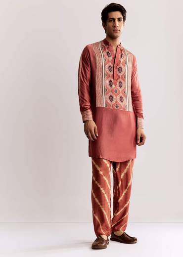 Rust Silk Kurta Set With Handcrafted Ajrakh Print