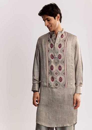 Grey Ajrakh Printed Kurta Set In Silk