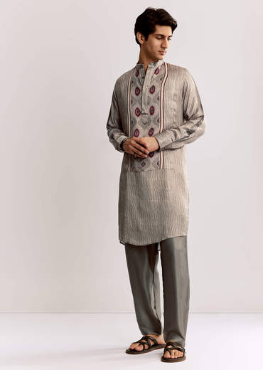 Grey Ajrakh Printed Kurta Set In Silk