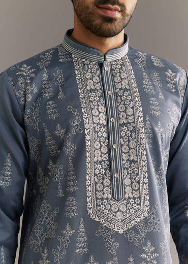 Grey Silk Kurta Set With Thread Work