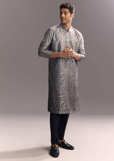 Grey Silk Printed Kurta Set For Men