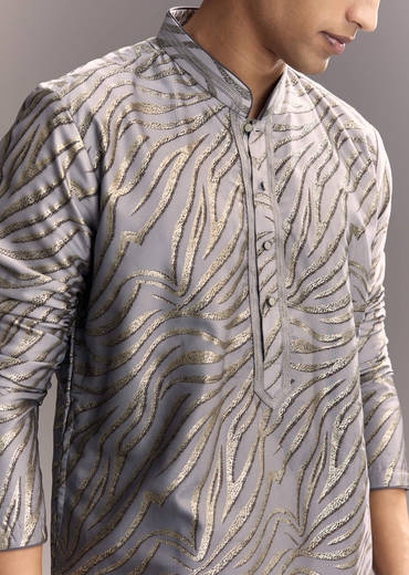 Grey Silk Printed Kurta Set For Men