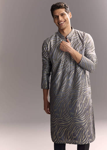 Grey Silk Printed Kurta Set For Men
