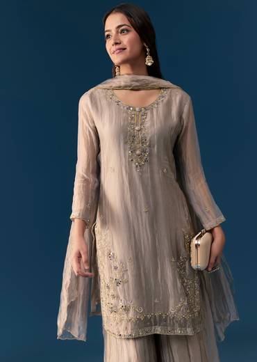 Grey Tissue Palazzo Set With Cut Dana And Sequins Work