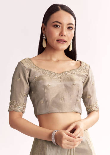 Grey Tissue Saree With Cutdana Sequins Beads And Resham Embroidery