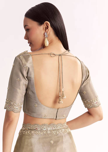 Grey Tissue Saree With Cutdana Sequins Beads And Resham Embroidery