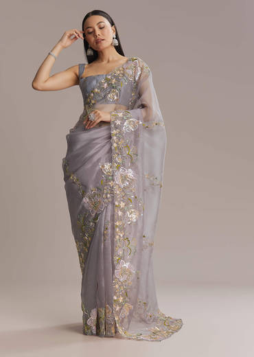 Grey Tissue Saree With Resham And Moti Embroidery