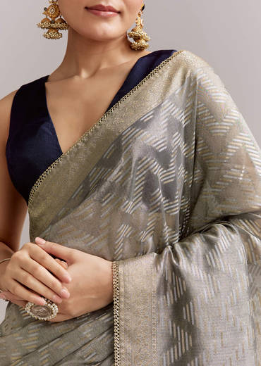 Grey Tissue Silk Woven Saree With Zig Zag Motif And Zari Border