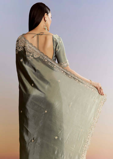 Greyish Blue Tissue Saree With French Knot Resham Embroidery