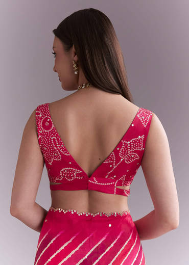 Hot Pink Chinon Saree With Leheriya Print And Mirror Work