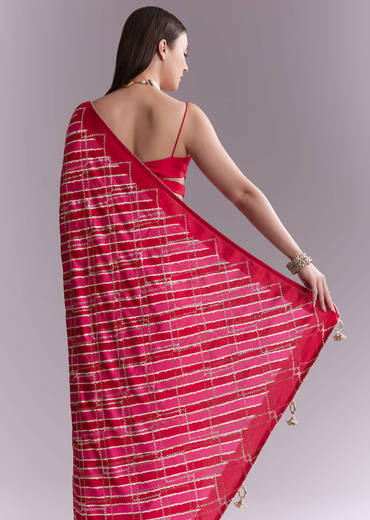 Hot Pink Satin Printed Saree With Criss Cross Stripes