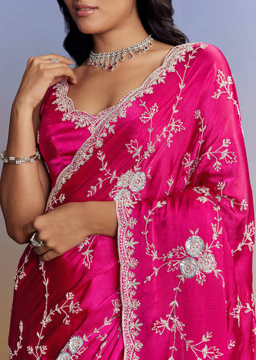 Hot Pink Satin Saree With All Over Jaal Embroidery In Cutdana And Sequins
