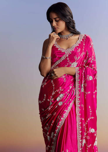 Hot Pink Satin Saree With All Over Jaal Embroidery In Cutdana And Sequins