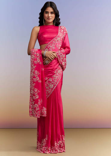 Hot Pink Satin Saree With Heavy Embroidered Details