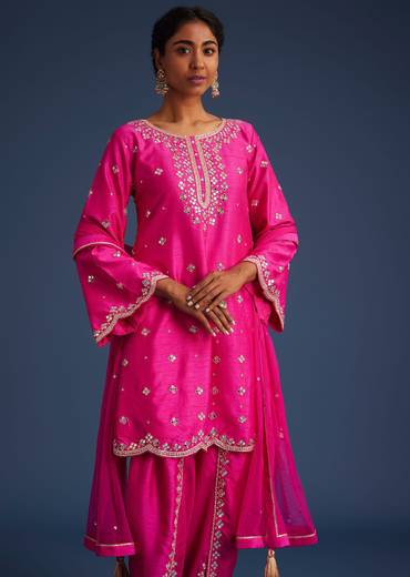 Hot Pink Silk Embroidered Kurta Dhoti Set