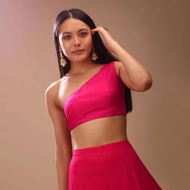 Hot Pink Blouse In Raw Silk With One Shoulder Neckline