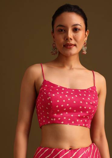 Hot Pink Lehariya Saree In Gota Patti Work With Unstitched Blouse