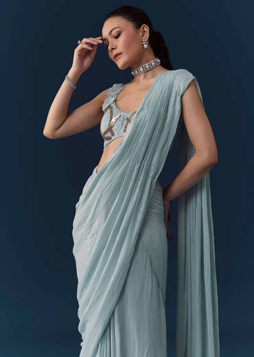 Ice Blue Pre Pleated Saree with Sequin Embellished Blouse