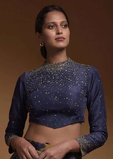 Indigo Crop Top In Silk Blend With Sequins And Beads Work In Gradient Pattern And Full Sleeves