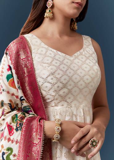 Ivory Banarasi Weave Silk Anarkali Set