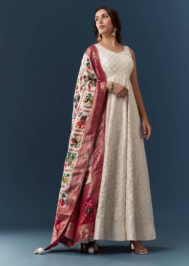 Ivory Banarasi Weave Silk Anarkali Set