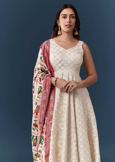 Ivory Banarasi Weave Silk Anarkali Set