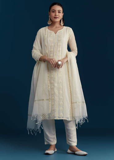 Ivory Chanderi Kurta Set with Thread Work