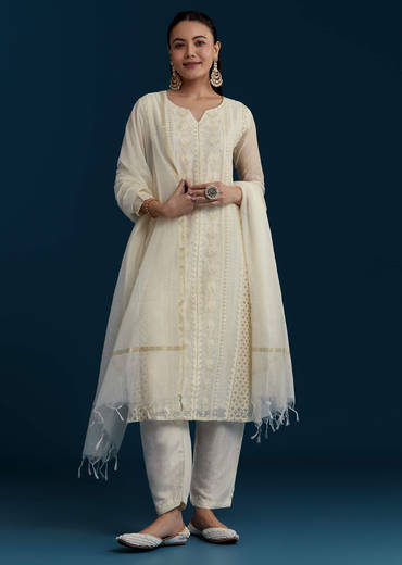 Ivory Chanderi Kurta Set with Thread Work