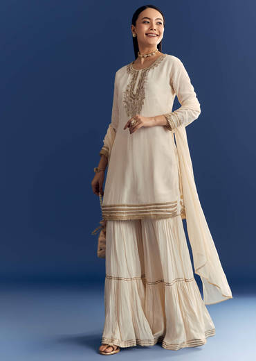 Ivory Zardosi Work Crepe Kurta Sharara Set