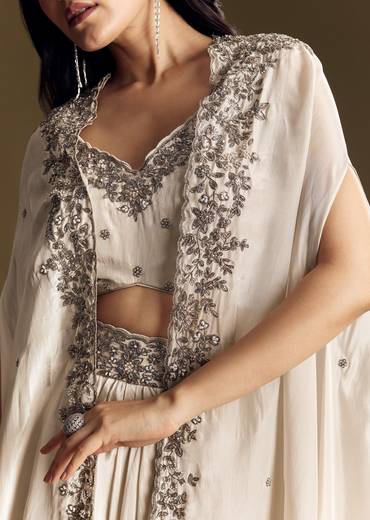 Ivory Crop Top Skirt Set With Cape And Silver Zardozi Work